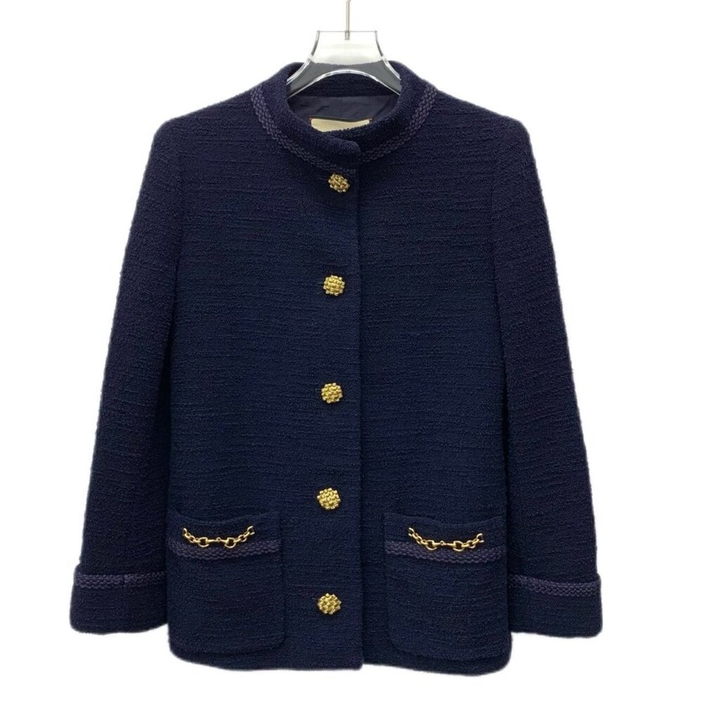 CW0684 Gucci Navy Blue Tweed Jacket With Gold Buttons & Chain Pocket Detail